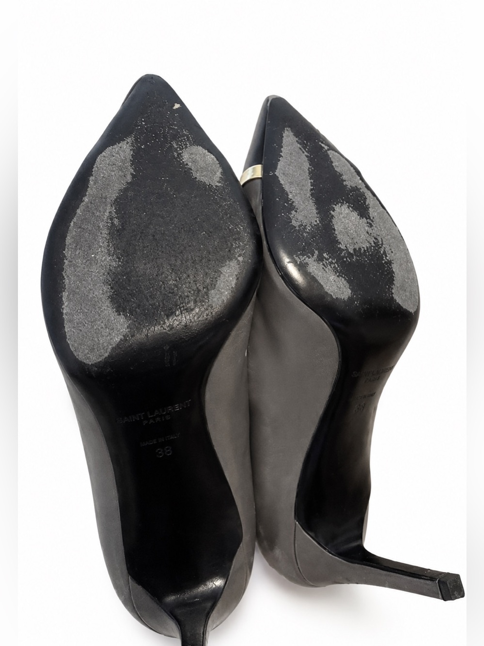 Saint Laurent YSL Gray Black Leather Cap Toe Pumps Gold Trim EU 38 US 7.5 - Picture 5 of 7
